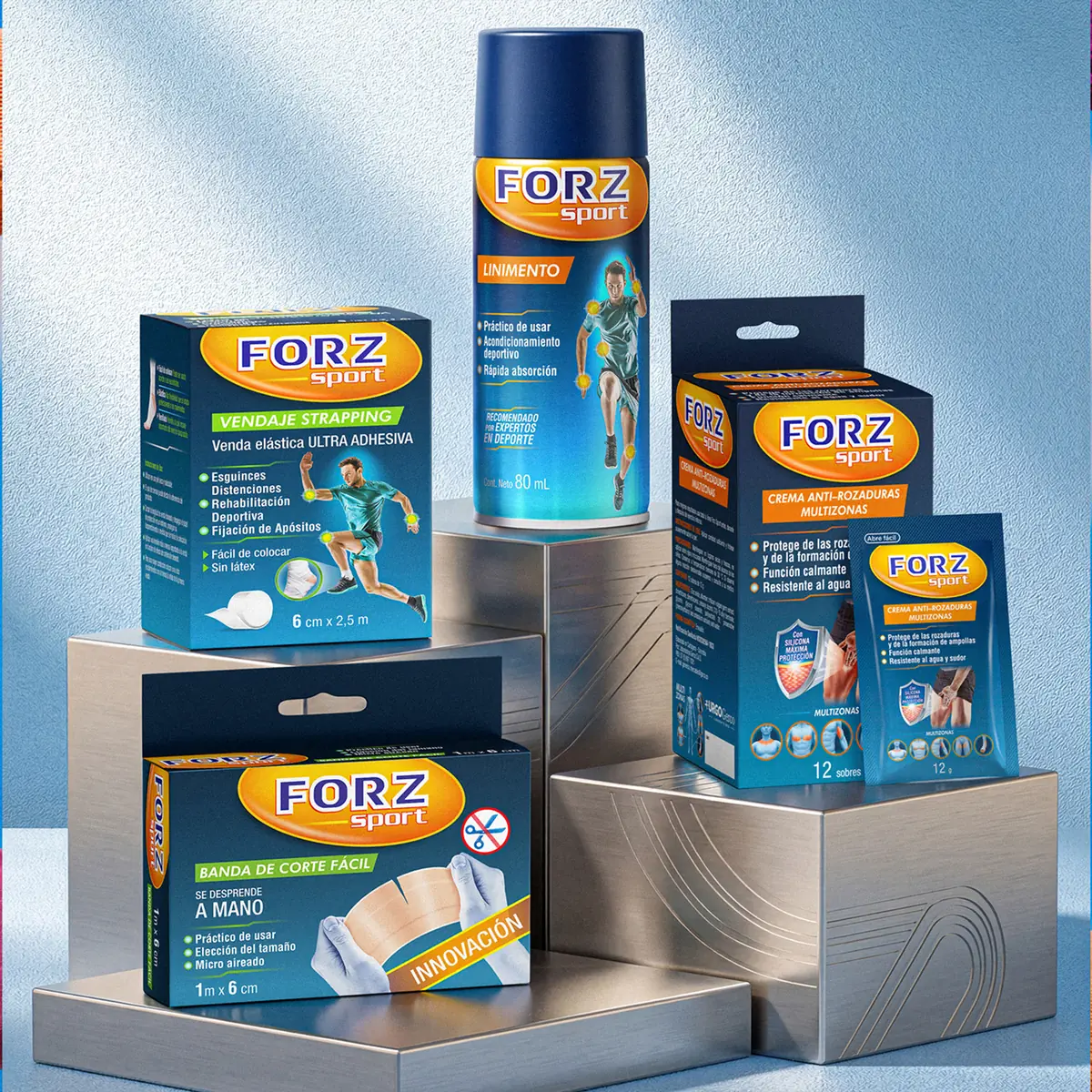 Branding y packaging para la línea de cuidado deportivo FORZ Sport en Colombia.